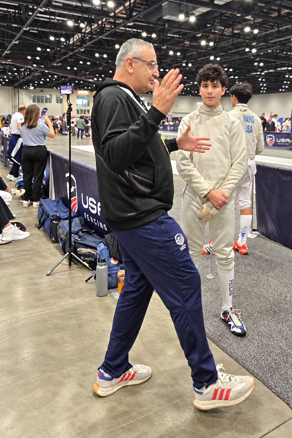 Archil Achiko Lortkipanidze with Benjamin Gurewich, Tim Morehouse and a teammate after a fencing competition